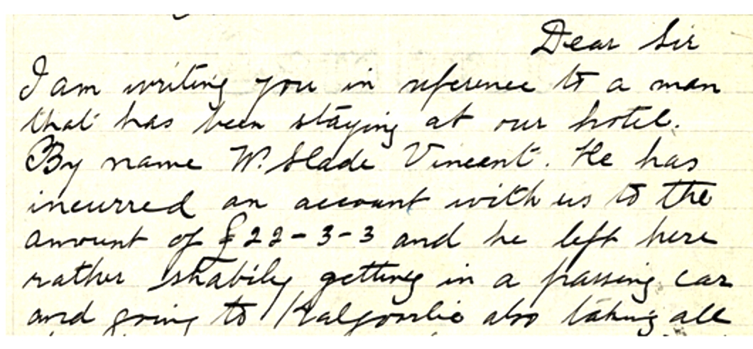 Australia Hotel writes to Repat. Dept.